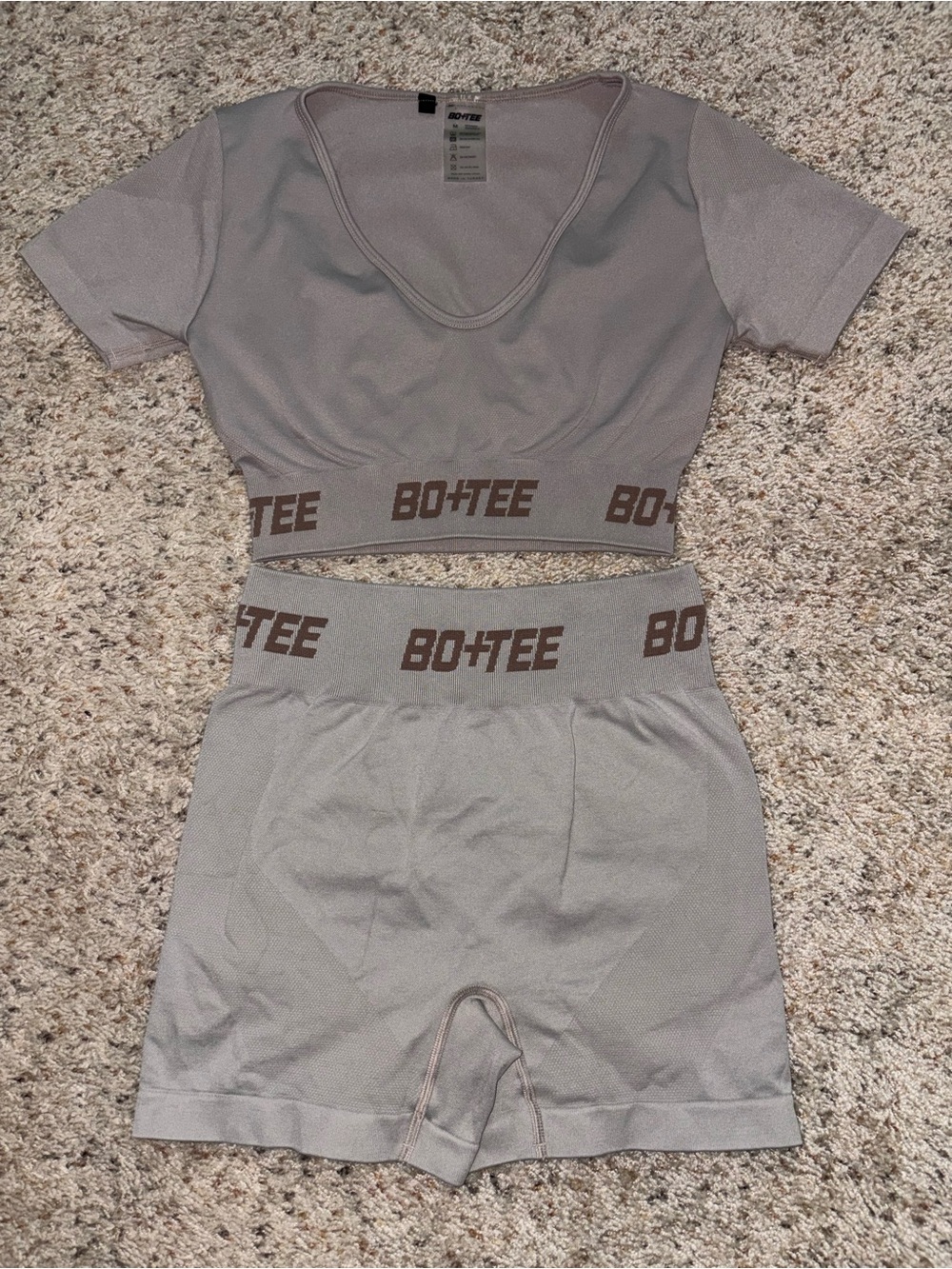 BO+TEE Taupe Athletic High-Waist Shorts and Athletic Crop Top SET